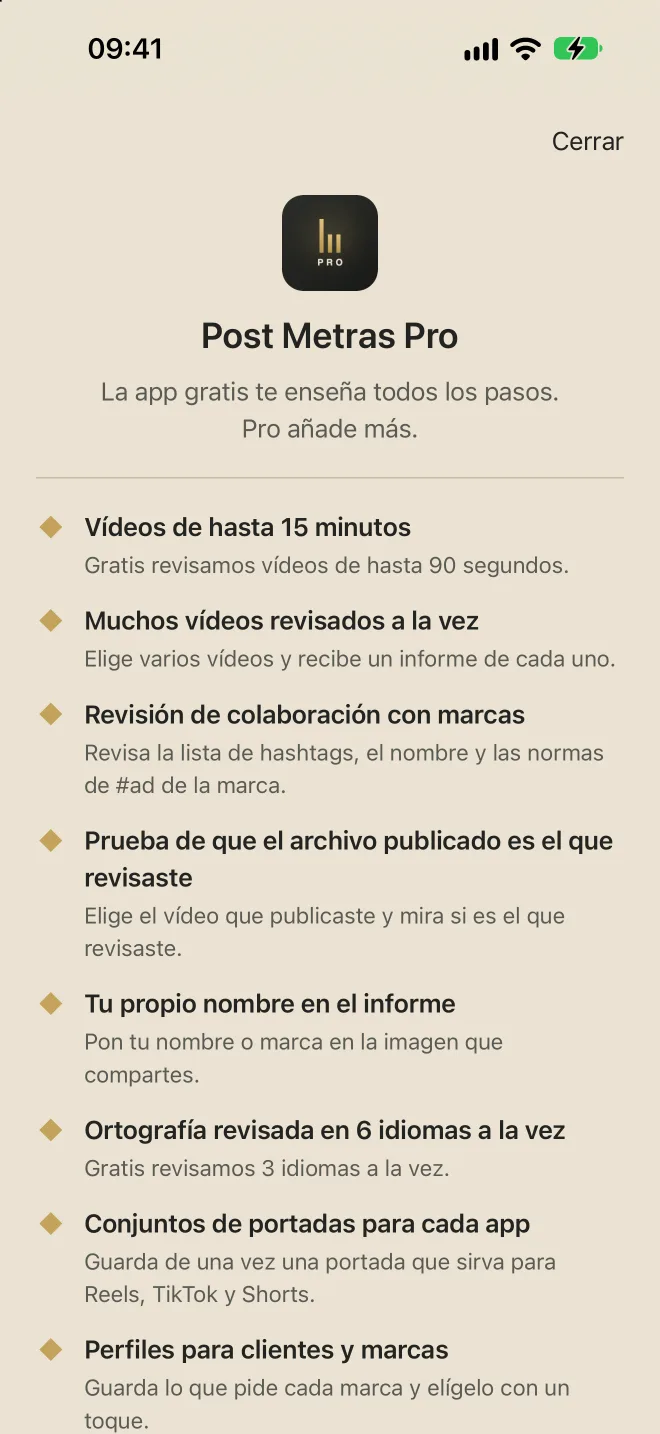 Pantalla de Post Metras Pro con sus ventajas