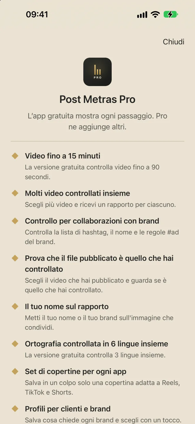 Schermata di Post Metras Pro con i suoi vantaggi